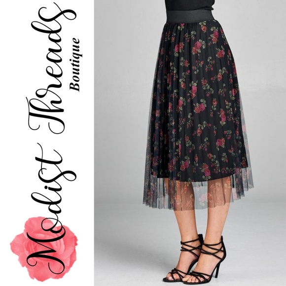 Pleated Floral Print Mesh Midi Skirt - Picture 3 of 5